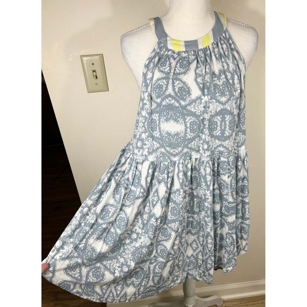 Free People Mimi Halter Tunic Women S Ivory Blue Linen Blend BOHO Chic Whimsical